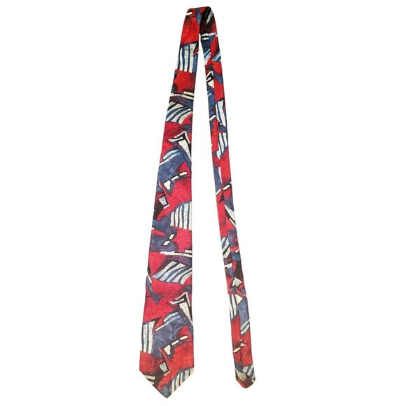 Oleg Cassini Red Blue White polyester tie with bold geometric print - Picture 1 of 4